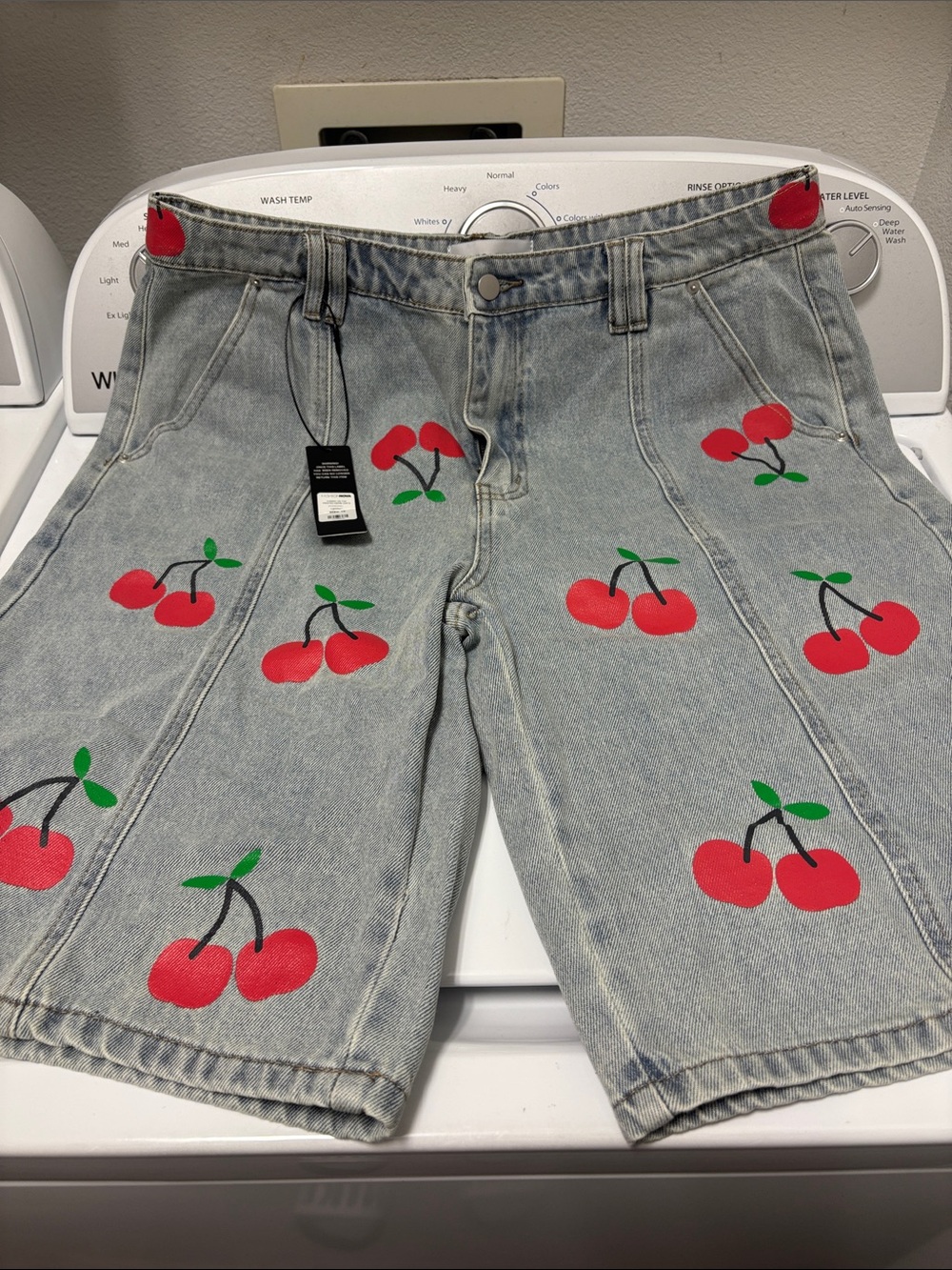 Fashion Nova Light Wash Denim Shorts with Red Cherry Print